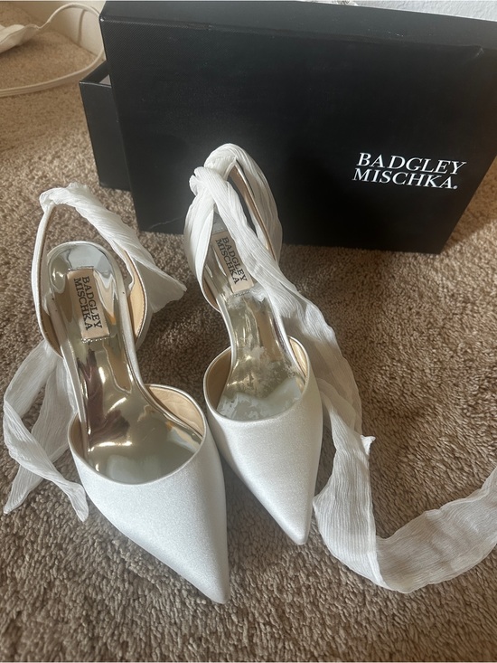 Badgley Mischka White Satin Pointed-Toe Heels with Ankle Tie